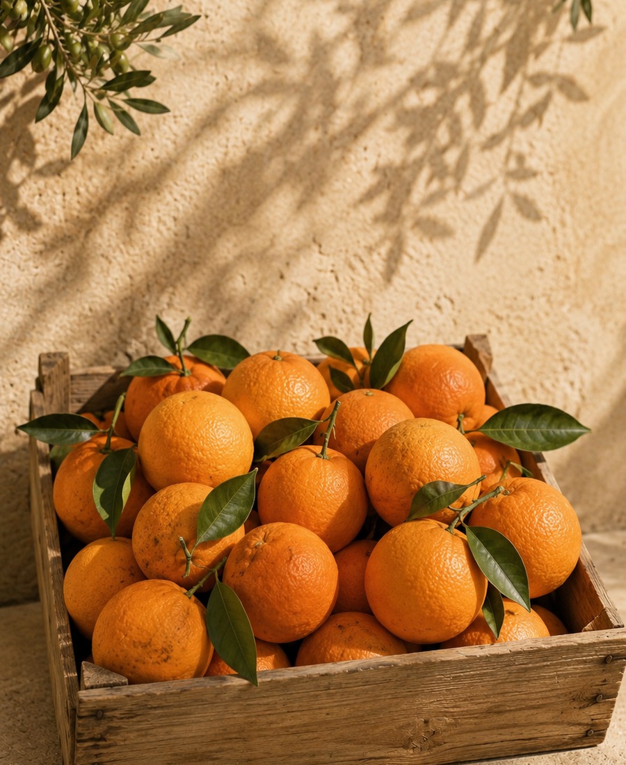 Large juicy Ribera oranges in a harvest crate