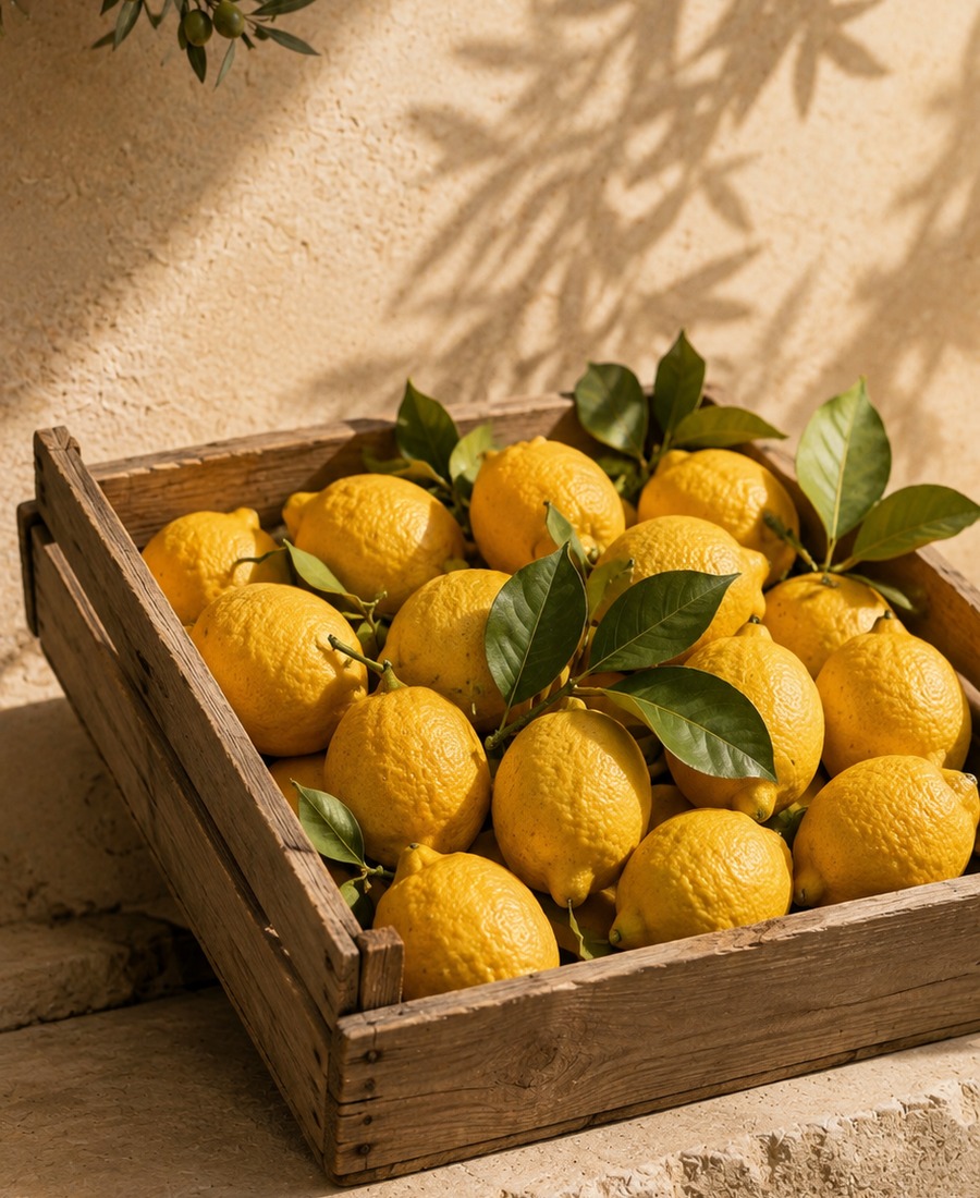 Fresh Sicilian lemons in a harvest crate